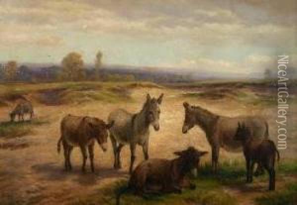 Six Donkeys In Dunes Oil Painting - Charles Jones