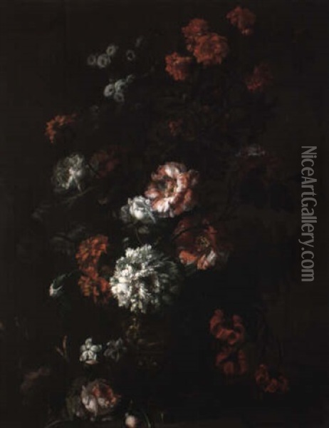 Still Life Of Flowers In An Elaborate Metal Urn Oil Painting - Jean-Baptiste Monnoyer