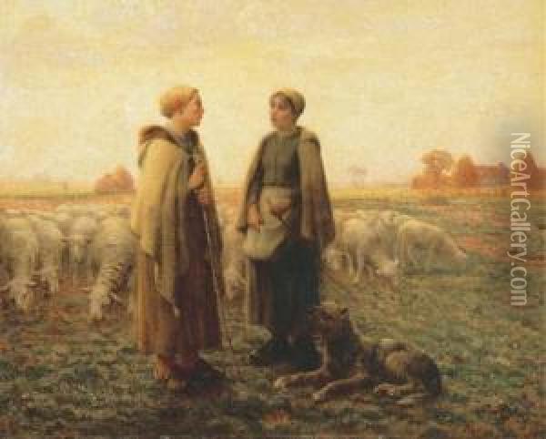 Two Shepherdesses With A Dog Oil Painting - Aime Perret