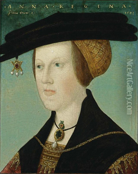 A Portrait Of Anne Of Hungary (1503-1547), At The Age Of 20, Head And Shoulders, Wearing A Red And Gilt-embroidered Dress With A Black Cape, Together With A Black And Gold Headdress Adorned With A Piece Of Gold And Pearl Jewellery Oil Painting - Hans Maler