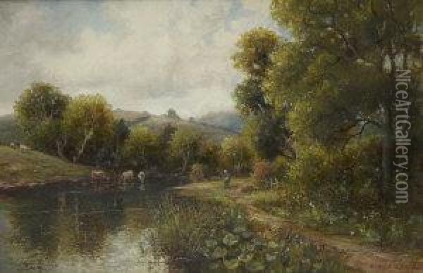 Fishermen In A River Landscape With Cattle Watering Oil Painting - Green