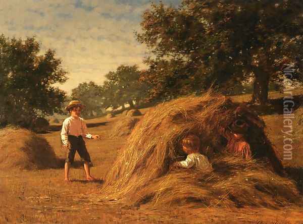 Hiding in the Haycocks, painted in 1881. Oil Painting - William Bliss Baker
