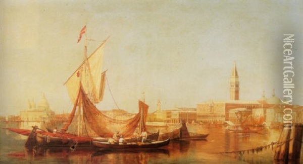 A View Of The Doge's Palace Venice, From The Lagoon With Figures And Boats In The Foreground Oil Painting - Edward Pritchett