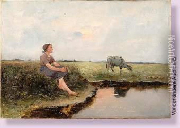 Fermiere Gardant Sa Vache Au Bord De L'eau Oil Painting - Jan Frans Simons