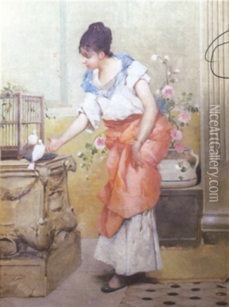 Young Lady With White Doves Oil Painting - Emile Auguste Pinchart