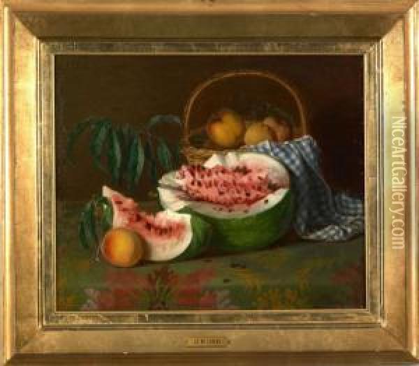Still Life With Watermelon And Peaches Oil Painting - Joseph Biyas Ord