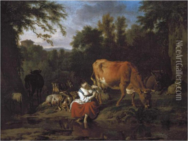 An Italianate Landscape With A 
Herding Girl Seated By A Stream Withcattle, Sheep And Goats Behind Her Oil Painting - Adrian Van De Velde