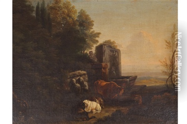 An Italianate Landscape With Animals In The Foreground And Architectural Elements Oil Painting - Jan Frans van Bloemen