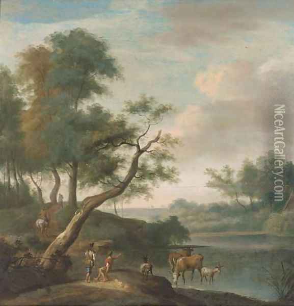 A landscape with travellers on a track and cattle and drovers at a ford Oil Painting - Isaac de Moucheron
