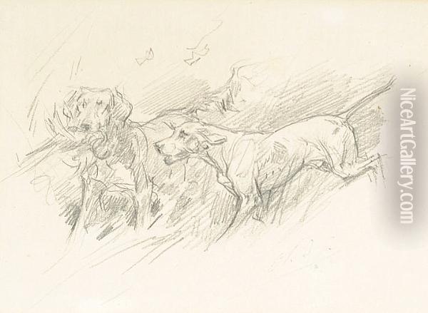 A Sketch Of Dogs In A Field, One Retrieving A Bird Oil Painting - Charles Olivier De Penne
