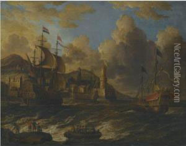 Dutch Ships At Sea Off The Coast Of A Fortified Town Oil Painting - Willem van de, the Elder Velde