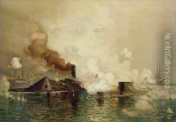 The Monitor and the Merrimac the First Fight between Ironclads in 1862 Oil Painting - Julian Oliver Davidson