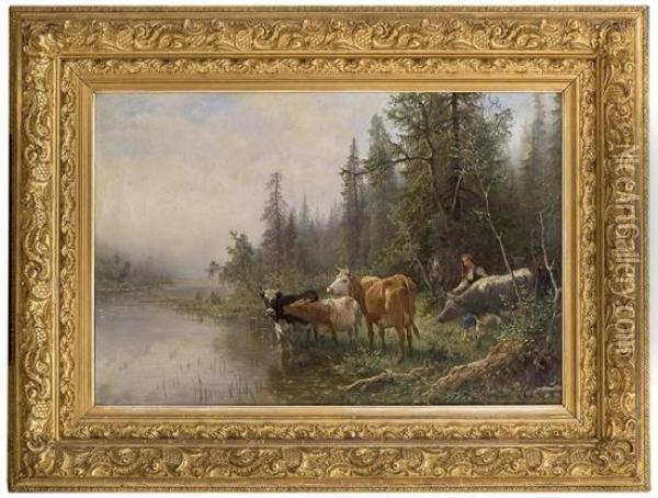 Norwegian Forestlandscape With Cows 1889 Oil Painting - Anders Monsen Askevold