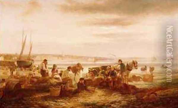 Fisherfolk on the Beach before Penzance St Michaels Mount in the Distance Oil Painting - C.H. Hart
