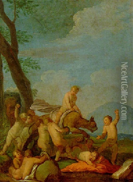 Putti Playing With A Leopard In A Landscape Oil Painting - Giulio Carpioni