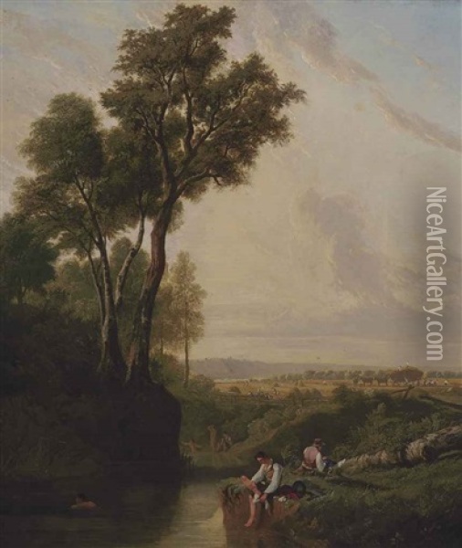 A River Landscape With Bathers, Haymaking Beyond Oil Painting - John James Chalon