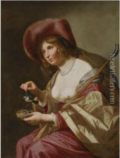 A Young Shepherdess, Seated 
Three-quarter Length, Wearing A Redand Yellow Dress And A Wide-brimmed 
Hat, Holding A Staff And Abird's Nest With Three Small Birds Oil Painting - Jan Van Bijlert