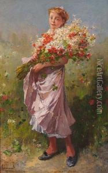 A Young Girl With An Armful Of Flowers. Oil Painting - Francois Reynaud