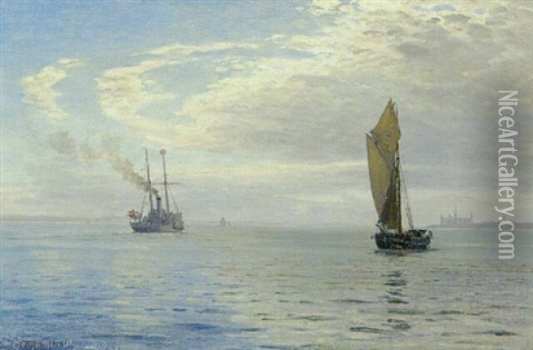 Dampskib Og Sejlskib I Sundet Udfor Kronborg Oil Painting - Christian Benjamin Olsen