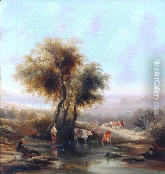 Cattle Being Driven In A Rural Landscape Oil Painting - Henry Earp