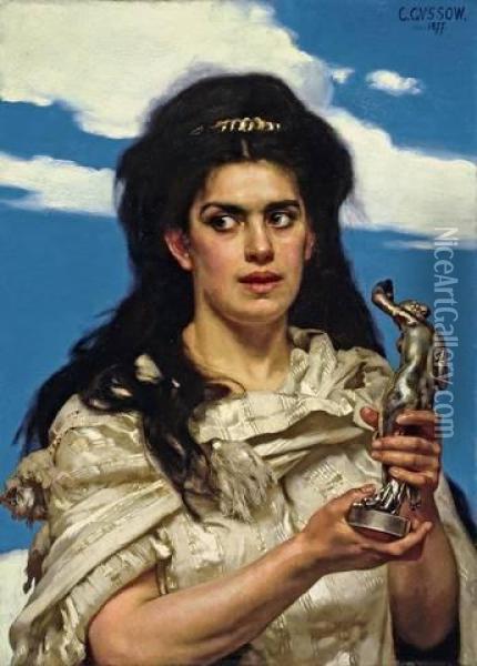 Frau Vor Blauem Himmel, Eine Bronze-figur Haltend Oil Painting - Karl Gussow