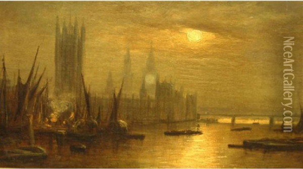 Houses Of Parliament And London Bridge Under Moonlight Oil Painting - Henry Pether