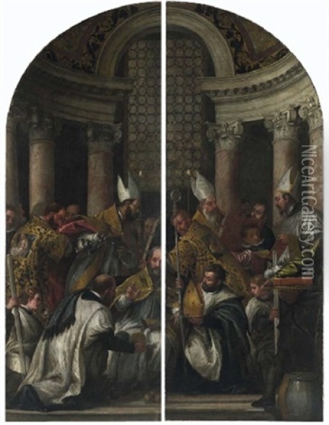 Consacrazione Di San Nicola Da Bari (in 2 Parts) Oil Painting - Carlo Caliari