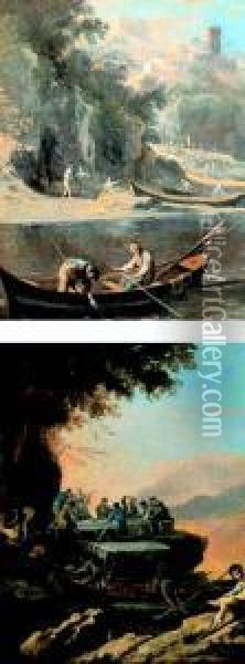 Marina Partenopea Con Pescatori - Convivio Sulla Sponda Di Una Marina Partenopea Oil Painting - Domenico Gargiulo