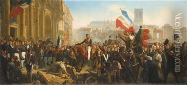 Arrivee De Louis-philippe Sur La Place De L'hotel De Ville, Le 31 Juillet 1830 (collab. W/studio) Oil Painting - Leon Jean Basile Perrault