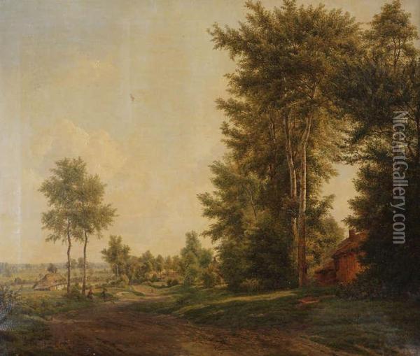 Landweg In De Omgeving Van Kortrijkmet Reizigers Oil Painting - Adolf Max K. Engel