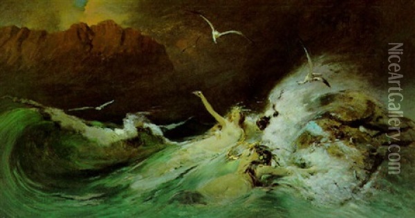 Zwei Meerjungfrauen An Strumgepeitschter Felsenkuste Oil Painting - Wilhelm Simmler