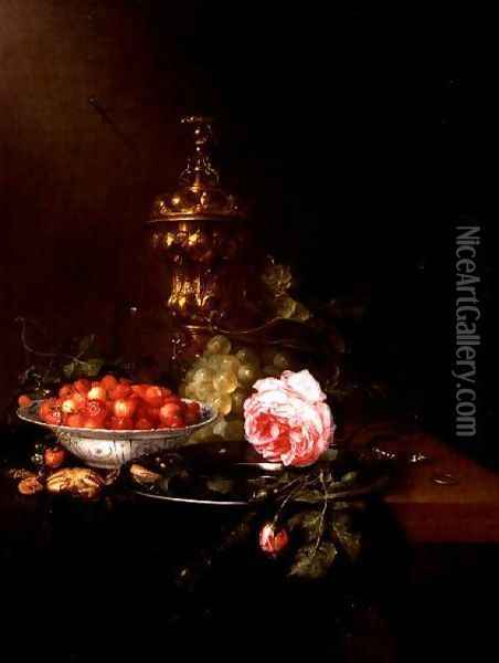 Still Life with a Bowl of Strawberries and a Rose, 1652 Oil Painting - Pieter de Ring