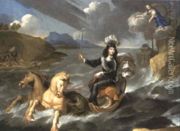 An Allegory Of King Louis Xiv In Armour By The Personification Of France Oil Painting - Jean Nocret