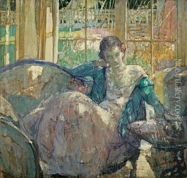 Young Woman Seated On Sofa (+ Seated Young Woman, Verso) Oil Painting - Richard Edward Miller
