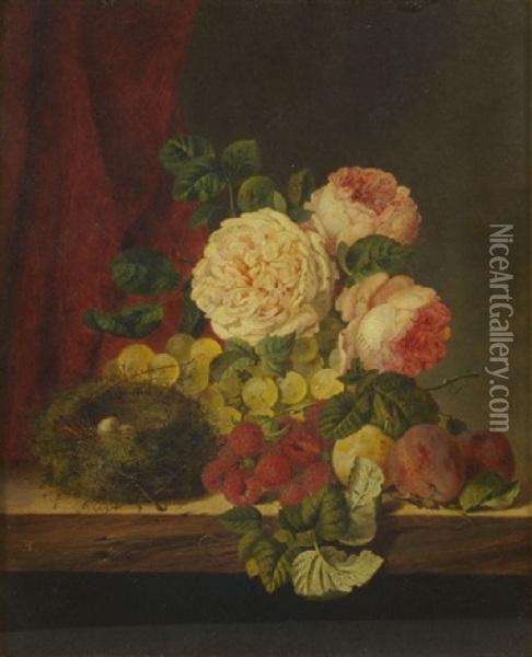 Still Life With Roses, Fruit And Bird's Nest Oil Painting - Edward Ladell