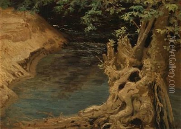 River Bank With A Gnarled Tree At Dusk (+ Another (study), Verso) Oil Painting - Thorvald Simeon Niss