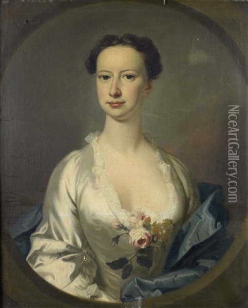 Portrait Of A Lady, Said To Be Lettice Berridge, Half-length, In A White Satin Dress, Embellished With A Rose Corsage Oil Painting - Allan Ramsay