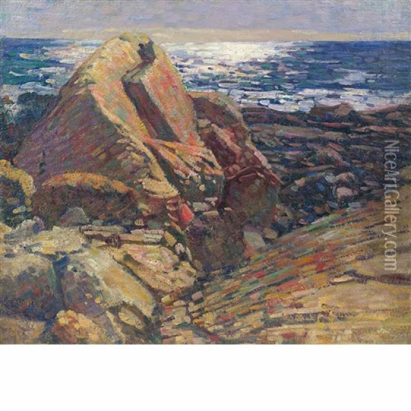 Large Rocks And Shining Sun On The Water Oil Painting - Charles Salis Kaelin