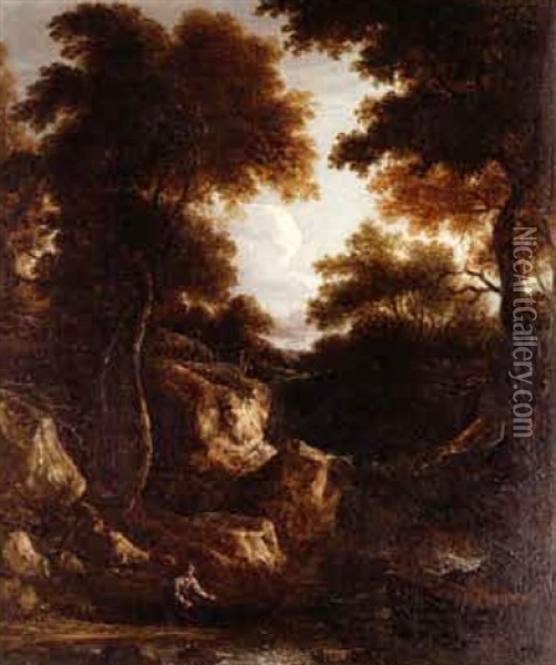 A Fisherman At A Pool In A Rocky Wooded Landscape Oil Painting - Benjamin (of Bath) Barker