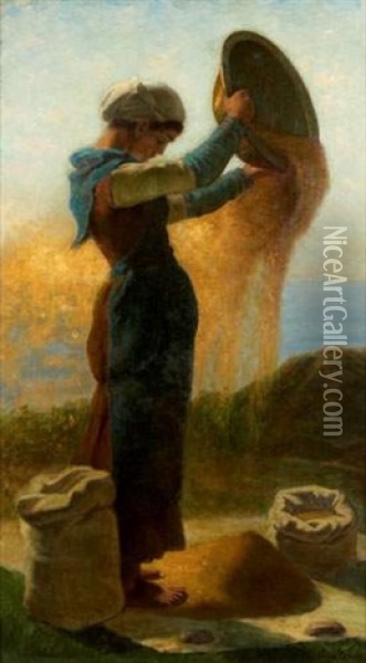 Jeune Femme Triant Le Grain Oil Painting - Francois Nicolas Augustin Feyen-Perrin