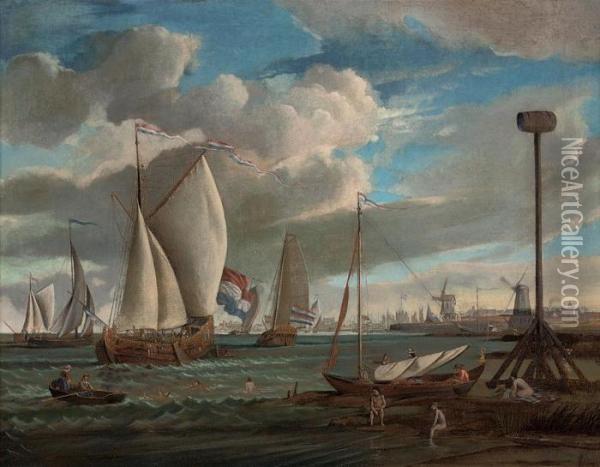 A View Of Amsterdam Harbour, With Fishing Boats And Other Shipping Oil Painting - Abraham Storck