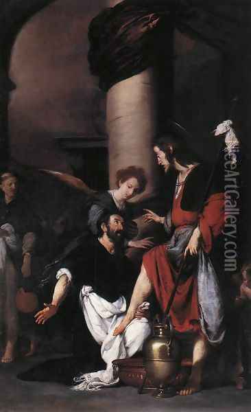 St Augustine Washing the Feet of Christ 1629 Oil Painting - Bernardo Strozzi