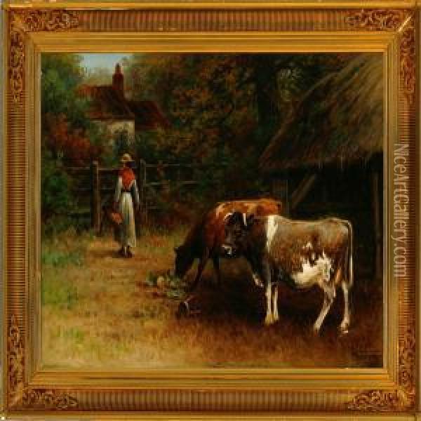 Two Cows At A Cattle Shed Oil Painting - Frederick Arthur Verner