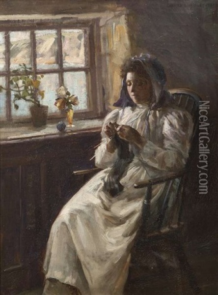 Lady Knitting By A Window Oil Painting - Edward George Hobley