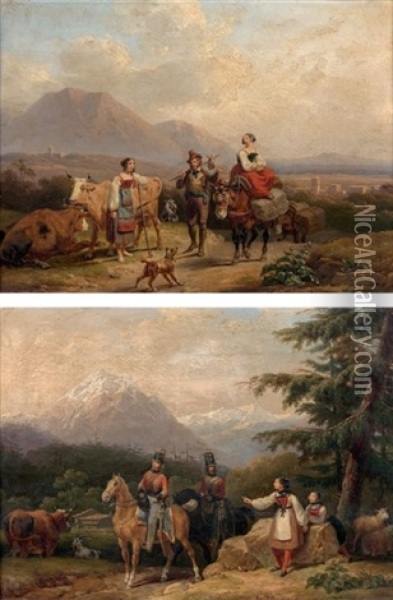 Cavaliers Demandant Leur Chemin Dans Un Paysage De Montagne Voyageurs Et Une Bergere Dans Un Paysage (pair) Oil Painting - Hippolyte Lecomte