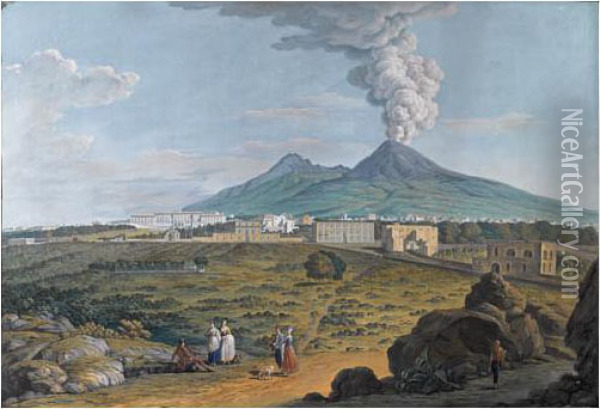 Naples, Vue Du Palais Royal De Portici, Avec Le Vesuve En Eruption Oil Painting - Saverio Xavier Della Gatta