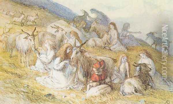 Girls combing beards of goats Oil Painting - Richard Doyle