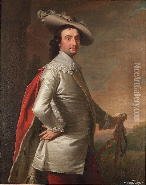 Portrait Of Charles, 3rd 
Viscount Townshend, Standing Three-quarter-length, In A White Coat With A
 Lace Collar, And A Red Fur-lined Cloak, With A White Plumed Hat, A Park
 Landscape Beyond Oil Painting - Thomas Hudson