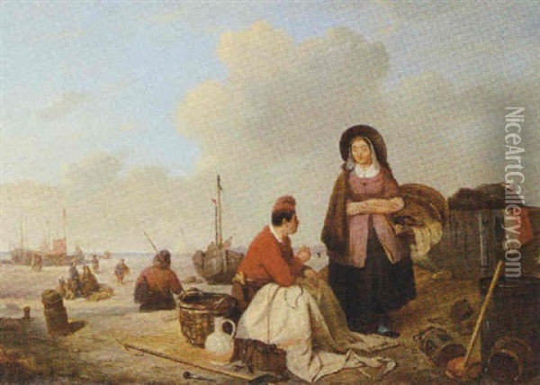 Fisherfolk On The Beach With Beached Pinks Along The Shore Oil Painting - Felix Louis Pluyms