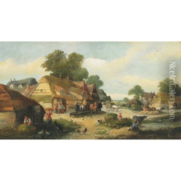 Busy Day With Haywagon (+ Feeding Time In The Village; Pair) Oil Painting - James E. Meadows
